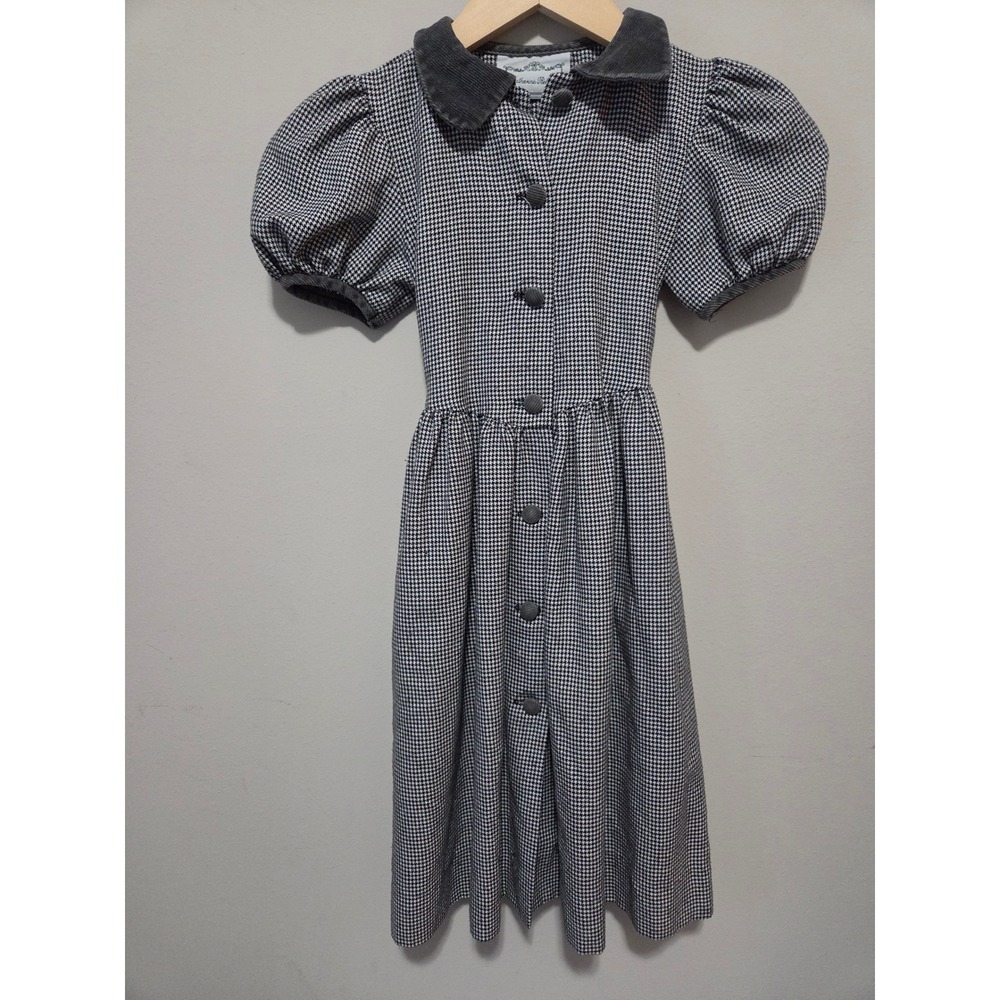 Catherine Rebecca Girls Houndstooth Dress Grey Corduroy Collar Puff Slev Vintage